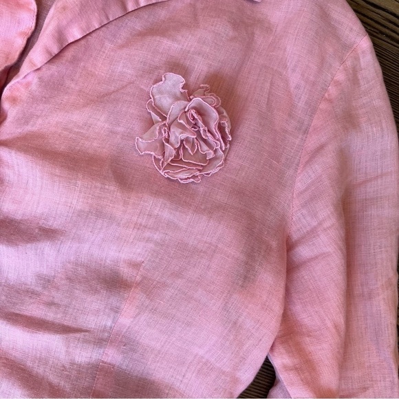 Pure linen pink blouse rhinestone buttons Floral Rose Detail size large - Picture 5 of 10